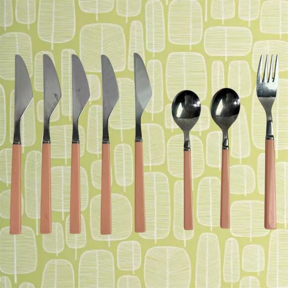 VTG Set of 8 Stainless Flatware Pink Plastic Handle Japan Knives Tea Spoon Forks - Picture 1 of 12